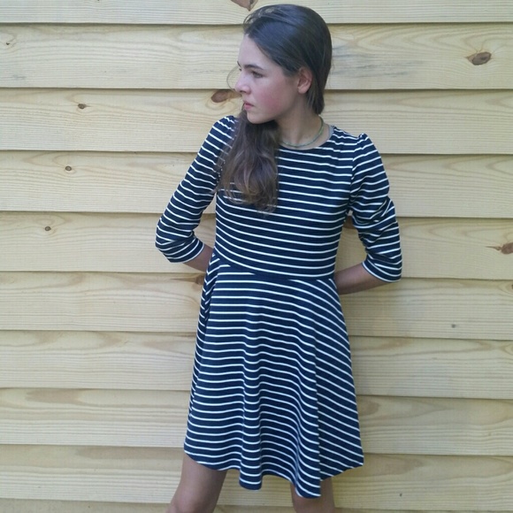 Navy Blue and White Striped Children's Dress - Picture 2 of 3